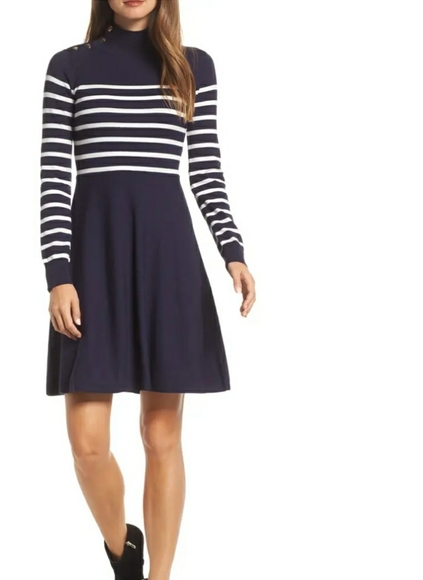 Eliza J Dresses & Skirts - Eliza J mock neck striped fit & flare dress